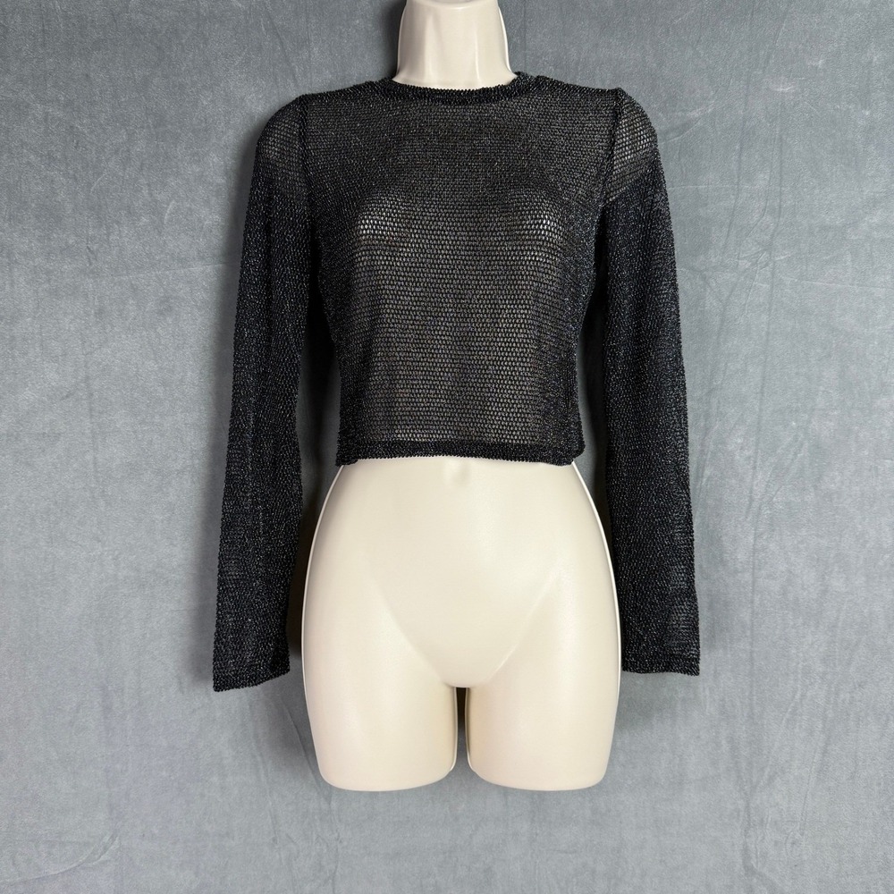 Just Polly Black Glitter Mesh Crop Top Whimsygoth Party Preppy Women's Size‎ M